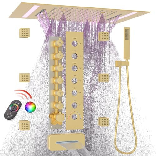 GETSHOWERSET Multi Functions Concealed Shower Set with 6pcs Body Jets and Spray, Brass Thermostatic Shower Mixer System with LED Large 3 in 1 Modes 14x20inch Rain Shower Head and Spout, Brushed Gold