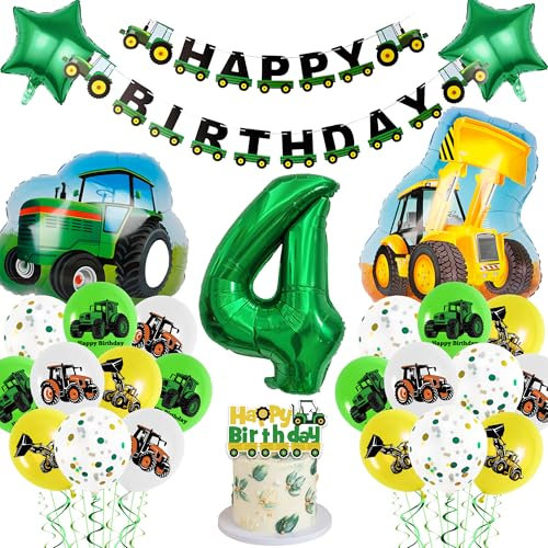 Tractor 4th Birthday Decorations Boy - Construction Vehicle Themed Party Supplies Includes Cake Topper, Number 4 Tractor, Digger Balloons, Happy Birthday Banner