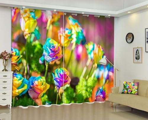 Mtddyyds Vorhänge 3D Farbe Rose Blume Pflanze 220X215 Blickdicht Gardinen Mit Ösen Thermovorhang Verdunkelungsvorhang Für Kinderzimmer Wohnzimmer Fensterdekoration 3D Ösenschal