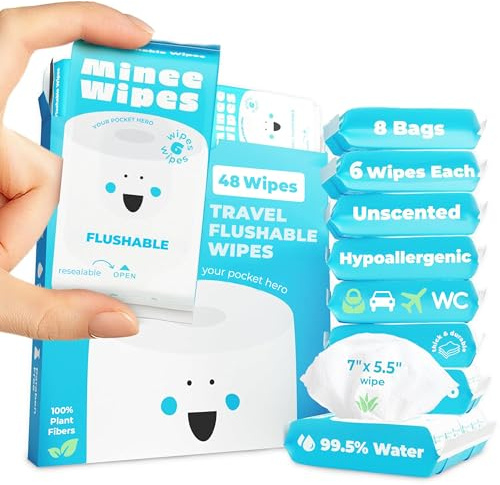 Impossibly Compact Travel Flushable Wipes - 99.5% Water and Aloe - Safe for Sensitive Skin & Hypoallergenic - Travel Essentials for Adults, Kids & Babycare, Unscented, 8 Pack 48 Wipes