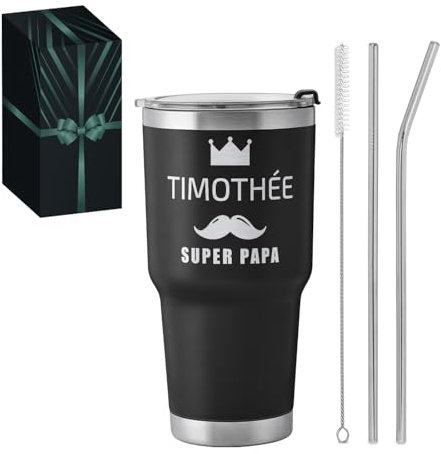Maverton Mug Isotherme avec Paille 800ml - Mug Personnalisé Noir en Acier Inoxydable avec gravure - Garde Chaud 6h / Froid 10h - Cadeau Papa - Cadeau Fete des Peres Super papa