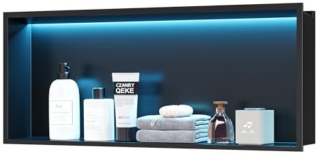 Qeke RGB Duschnische, LED Ablage aus 304 Edelstahl, 75cm, Schwarz | IP66 LED-Streifen, Licht dimmbar, ohne Verfliesung, Rostbeständig, Wasserdicht, Leichtes Reinigen, für Badaufbewahren