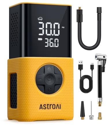 AstroAI Compresor Aire Portátil, Inflador Ruedas Coche, Compresor Aire Coche, Hinchador Ruedas Coche con Batería Recargable y Luz LED para Coche, Bicicletas, Moto y Etc. (Amarillo)
