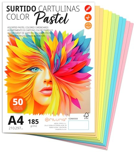 OFITURIA Bunte Kartons A4, 50 Blätter Pastellsortiment, Ideal für Basteln, Bildung, Zuhause, Kunst oder Büro