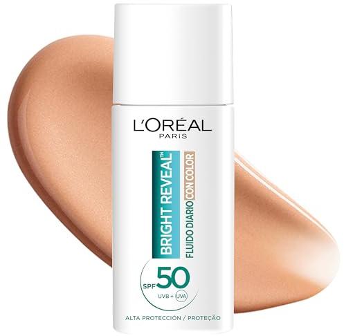 L'Oréal Paris Bright Reveal Feuchtigkeitsspendendes Fluid gegen Flecken mit UV-Filter LSF 50+, für alle Hauttypen, Schutz und Reduzierung von Flecken, mit Niacinamid und Vitamin E, heller Ton, 50 ml