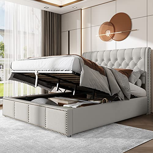 Dolamaní Polsterbett Boxspringbett 140x200 cm mit Bettkasten Stauraum und Lattenrost, Doppel Bett Kopfteil Gepolstert, Kopf- und Fußteil mit Nietenverzierung, Baumwolle-Leinen (Hellgrau)