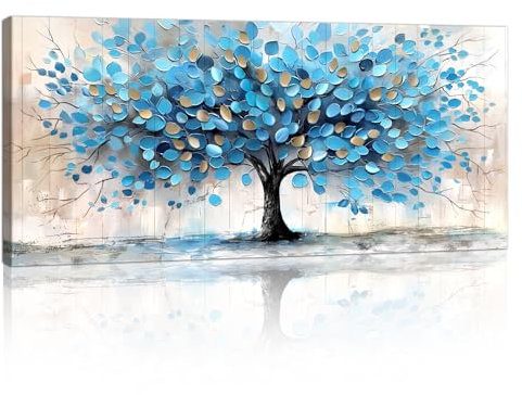 Groß Leinwandbilder Bilder Mit Rahmen, Abstrakt Blau Blühender Baum bild auf leinwand Wandkunst Modern Wandbilder Kunstdruck Gemälde Deko für Wohnzimmer Schlafzimmer, fertig zum Aufhängen 50×120cm
