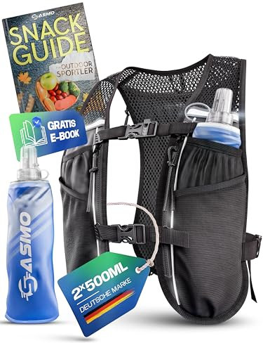 SASMO® Laufweste Damen & Herren 5L + 2x500 Soft Flask | Running Vest - Ultraleicht 270g & atmungsaktiv | Laufrucksack Damen & Herren - 8 Taschen | Laufweste Herren | Trinkweste Laufen | Trinkrucksack