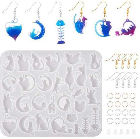 PandaHall 1 x niedliche Katzen-Thema, 3D-Form, Fischgrätenform, UV-Harz, Epoxidharz, mit Ohrringhaken und offenen Binderingen und Ohrmuttern für Ohrringe, Epoxidharz, DIY, Basteln