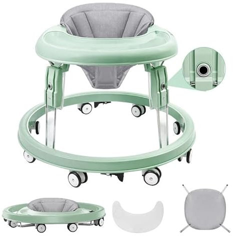 Baby Lauflernhilfe, One-Touch Folding Baby Walker, Lauflernwagen Anti-Roll 8-Rad-Rundfahrwerk, 7-Gang höhenverstellbar, Anti-Collision mit Bremse für von 6-18M (Grün)