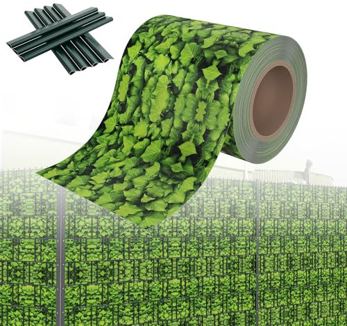 HENGMEI PVC Sichtschutzstreifen Sichtschutz Sichtschutzfolie Doppelstabmatten Zaun 65m x 19 cm mit 20 Stücke Befestigungsclipse Gartenzaun Windschutz für Zaun, Große-Buchsbaum