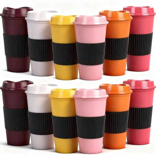 Yisituo 486ml Kaffeebecher mit Decke, 12 Stück Becher Plastik，Kaffeebecher to go, Mehrwegbecher für Auto und unterwegs (12, Farbenfroh)