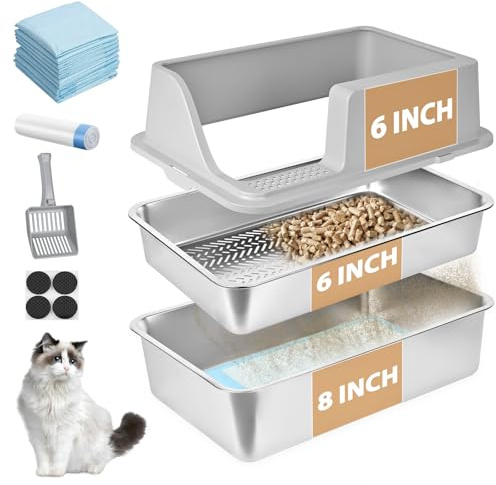 Homegroove Edelstahl-Katzenstreukasten für Kiefernpellets, 60 x 40 x 20 cm, hoher Rand, Metall-Katzenstreukasten mit Deckel für Wohnungskatzen, mit Kunststoffschaufel und 10 Urinpads (8 Inch)