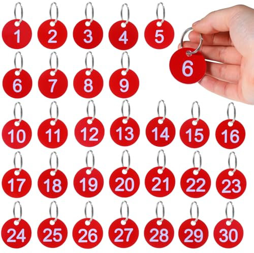 1-30 Number Tags, Red Round Diameter 1.37in/ 3.5cm Numbered Key Tags with Metal Rings Reusable 1-30 Key Rings with Tag for Home Office Garage Dormitory Keys House Lockers