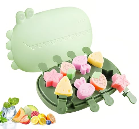 Shwdsy Moldes Helados Silicona, 8 Compartimentos Moldes Para Helados, Reutilizable Molde Helado Bebe, con Palitos y Tapa con Forma de Cocodrilo, Ideal para Diversión Diy, Verano y Fiestas