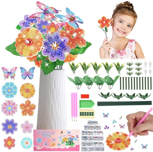 Blumen Basteln 6 7 8 9 10 Jahre, Diamond Painting Schmetterling Kinder & Erwachsene, DIY Diamond Painting Blumen Bastelset Kinder ab 6 Jahren für Draußen und Drinnen Balkon Deko & Kreatives Geschenk
