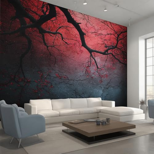 Dead Tree Photo Wallpaper for Bedroom, Branches Gothic Wall Mural for Living Room, Black Red Wallpaper 150x105 Nonwoven Wall Paper Home Decor W&39