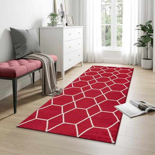 SANAT Wohnzimmerteppich – Pflegeleicht, für jeden Raum geeignet – Öko-Tex zertifizierter Flächenteppich – Trellis Muster, Rot, 80 x 200 cm