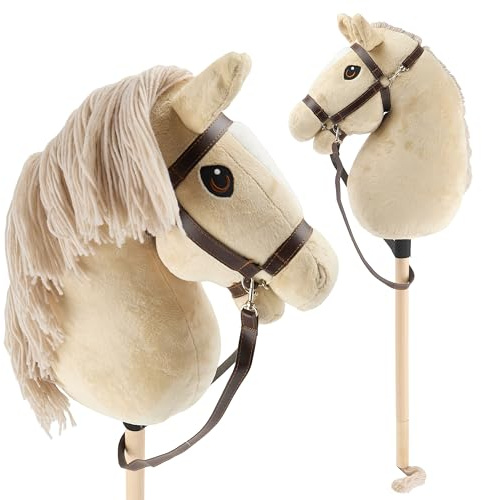 Bieco Hobby Horse Cheval de bataille M avec mors | Bâton et queue amovibles pour saut d'obstacles, dressage et jeu | Chevaux Hobby Horse Beige