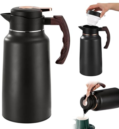 GOEDCH 2L Kaffeekannen zum Warmhalten: Thermo-Kaffeekanne aus Edelstahl 304 mit Holzgriff, Lang anhaltende Wärmespeicherung Vakuumisolierte Kaffeekanne für Kaffee und Tee, Zuhause und Büro (Schwarz)