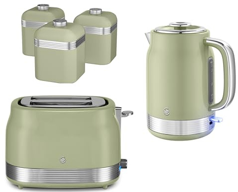 Swan Retro Revive Green 1.7L 3KW Jug Kettle, 2 Slice Toaster and Retro Canisters. Matching Retro Kitchen Bundle Set in VIntage Green with Chrome Accents