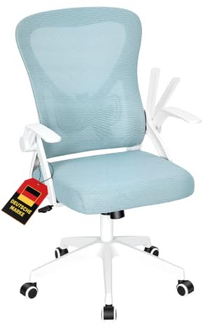 WOLTU Bürostuhl, Schreibtischstuhl mit hochklappbare Armlehnen, Blau | 360° drehbar und höhenverstellbar, mit Lendenwirbelstütze, 90 bis 105° Wippfunktion, 150 kg, mit Atmungsaktiv Netzstoff