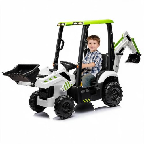 FairyLee 12V Kids Electric Ride-On Tractor w/Trailer, 4-in-1 Digger/Excavator w/Adjustable Shovel Bucket, Bulldozer & Dumper, 2.4G Remote Control, Horn & Music, Ages 3+, White-Green