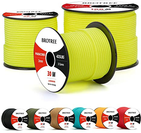 Brotree 3mm Paracord 425 100% Nylon 30M Rope 3 Strands Type II Parachute Cord for Outdoor, Craft, DIY - 192kg Breaking Load (Neon Yellow)