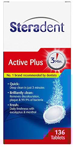 Steradent Active Plus, Denture Cleaning Tablets, 136 Tablets, Denture Care, Plaque Removal, Denture Tablets, Stain Removal, Deep Clean In 3 Minutes, Cleansers, Denture Care