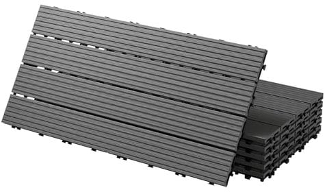 ECD Germany Piastrelle per Pavimenti da Esterno Piastrelle per Terrazze in WPC 60x30 cm Set di 18 Pezzi 3m ² Antracite con Aspetto Legno Piastrelle da Giardino con Drenaggio e Sistema Plug-in