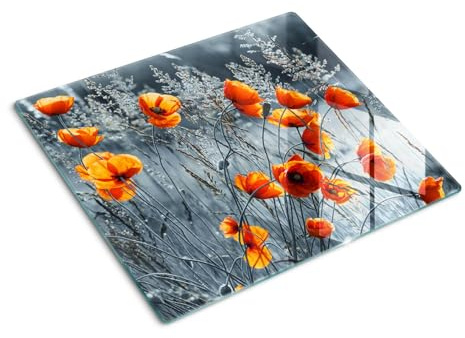 Planche à Découper en Verre Trempé 60x52 cm Pieds Antidérapants Symétrique Avec Impression Bords Polis Modernité Résistant à la Chaleur Contact Alimentaire Décoration - Champ de pavots