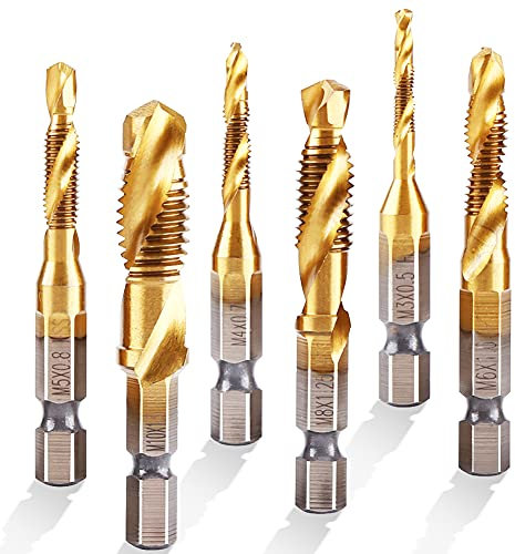 LANTRO JS Lot de 6 tarauds filetés filetage métrique M3-M10 avec revêtement en titane HSS embouts de taraudage 1/4 queue hexagonale cannelée