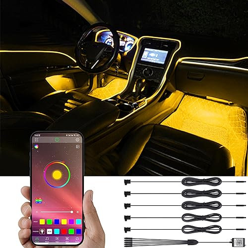 TABEN Auto-Umgebungsbeleuchtungs-Kit, 5 in 1 mit 6m Fiber Optic Multicoloured Car Atmosphere Lighting Kit, Musik-Rhythmus-Sound-Aktiver Speicherfunktion und Bluetooth-APP-Steuerung DC 12V