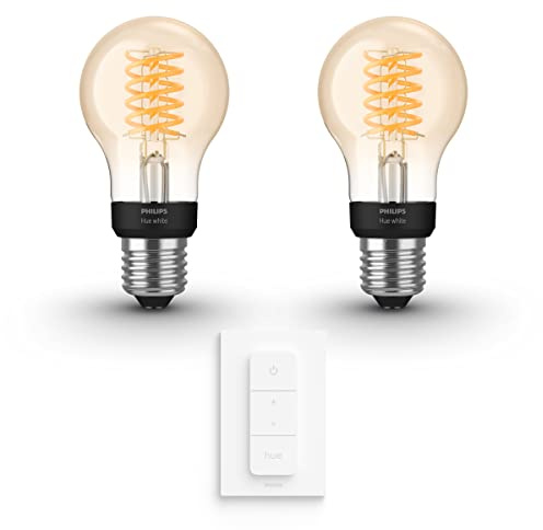 Philips Hue Vorteilspaket - E27 - mit 2 Filament Standard Lampen - Warmweißes Licht - inkl. 1 Hue Dimmschalter - Hue White Filament