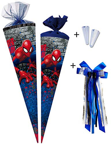 Nestler Schultüten-Set zum Befüllen, Handgemachte Zuckertüte aus Karton - Motiv Spider-Man, inkl. Spitzenschutz, Schleife (70 cm rund)