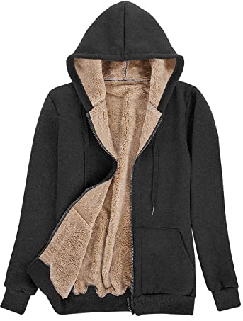 Voqeen Womens Plain Hoodie Winter Warm Sherpa Lined Zip Up Hooded Sweatshirt Jacket Coat Cosy Soft Fleece Blanket with Pocket