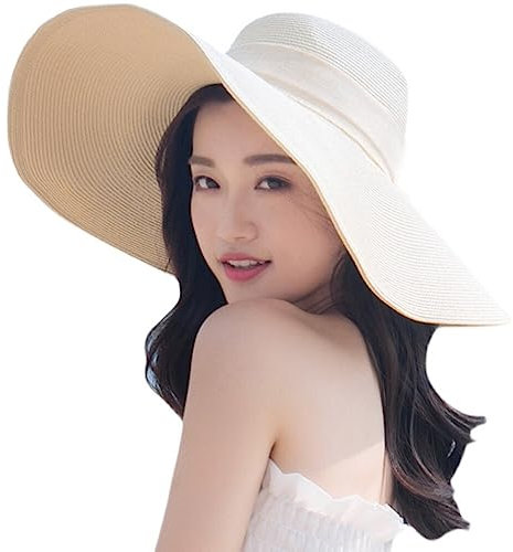 VASANA Chapeau d'été à large bord souple pour femme - Grand nœud - Chapeau de soleil pour jardin, plage, voyage, beige, Taille unique