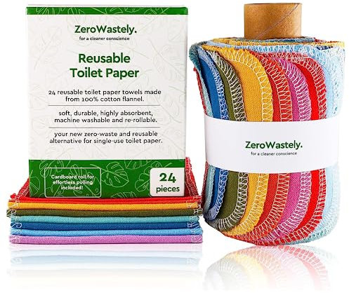 ZeroWastely Lot de 24 rouleaux de papier toilette réutilisables lavables – Serviettes de bidet lavables – Coupez et gaspillez moins avec nos lingettes colorées super douces, absorbantes et