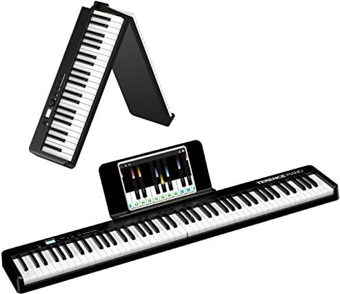 TERENCE Pliable Piano Numérique avec 88 Touches semi-lestées et Batterie de 1800mAh et interface USB MIDI avec support de partitions Bluetooth Sacs pour Clavier Câble audio Casque Pédale de sustain