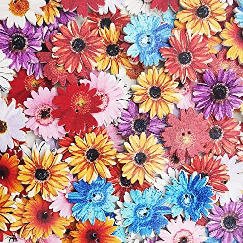 100Pcs Wooden Buttons for Crafts Wood Craft Buttons Bulk Assorted Shapes Christmas Button for Crafting (Daisy Flower)