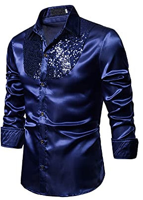 YILEEGOO Men's Shiny Satin Sequins Button Up Dress Shirts Long Sleeve Slim Fit Disco Party Prom Wedding Shirts Costume (Navy Blue, XL)