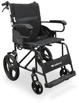 WELLCORE Fauteuil roulant de transfert pliant, châssis en acier, léger et compact, roues solides, freins à poignée, dossier pliable, largeur d'assise 46 cm, jusqu'à 100 kg.