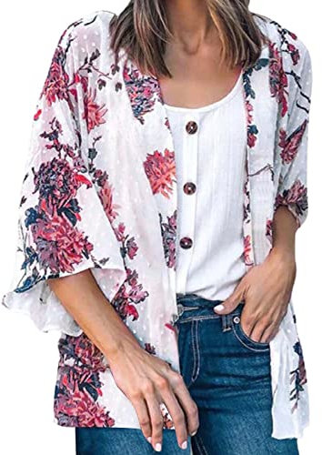 QUINTRA Strickjacken für Damen, Elegante Chiffon-Kimonos mit Blumenmuster, Sonnenschutz, Oberteil, Boho, lässig, Schal, Strand, vorne offen, Kleidung Enges Oberteil (Red, XXL)