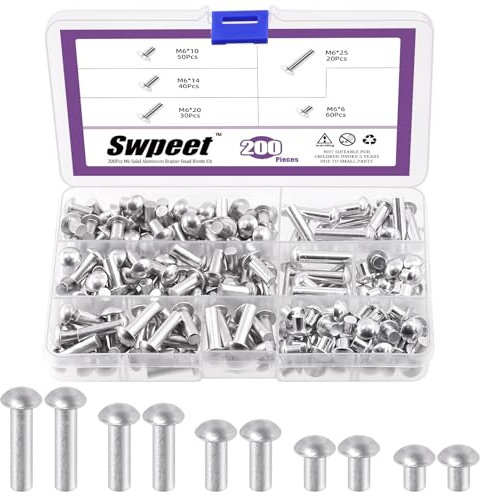 Swpeet 200 remaches de cabeza de brasero de aluminio sólido M6 × 6 mm, 10 mm, 14 mm, 20 mm, 25 mm, remache de aluminio, acabado liso, cabeza universal, alta resistencia a la corrosión para reparar