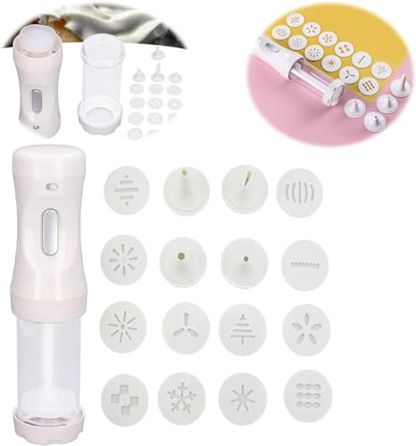 SaeYz Cookie press Electric Cookie Press Gun with 12 Molds and 4 Decorating Nozzles - White Barrel Electric Decorating Tool for Cake Dessert DIY Maker and Baking Decoration Supplies
