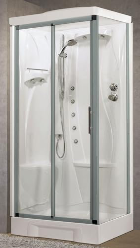Novellini New Holiday 2P+F Hydromassage Baldachin Duschkopf 100 x 70 cm Duschkabine Multifunktions Schiebeöffnung linker Sitz Mechanische Mischbatterie Glas Transparent Profil Silber H 217,5 cm