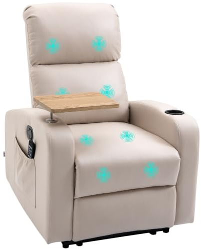 HOMCOM Relaxsessel mit Massagefunktion, Drehbarem Tisch, Feder, Beige | Fernsehsessel mit Liegefunktion, Massagesessel, Ruhesessel mit Fernbedienung, Seitentasche und Becherhalter, Mikrofaser