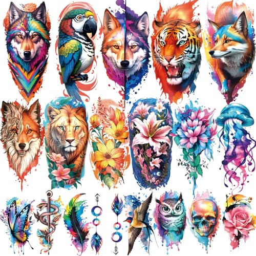 77 Feuilles de Tatouages Temporaires, 17 Feuilles Demi-bras Fleur Lion Loup Tigre Chat Hibou Perroquet Faux Tatouages pour Adultes, 60 Feuilles de Petits Tatouages Temporaires pour Femmes Filles