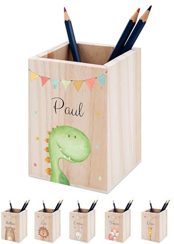 wunderwunsch® - Personalisierter Stiftehalter Kinder aus Holz - Kreativer und praktischer Schreibtisch-Organizer Kinder mit Namen - Perfektes Einschulung Geschenk und Geburtstag (Dino)