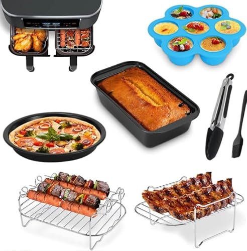LTXDJ Silicone Air Fryer Liner, 8 PCS Air Fryer Accessories for Ninja Dual AF300UK AF400UK, Reusable Silicone Liner Dual Air Fryer Rack Tong Grill Tray Compatible with Oven Microwave (7 Pc)